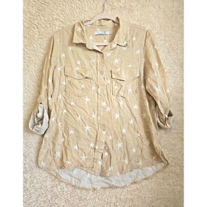 Billy T Womens S Beige White Star Print Button-Up Shirt Collared Long Sleeve